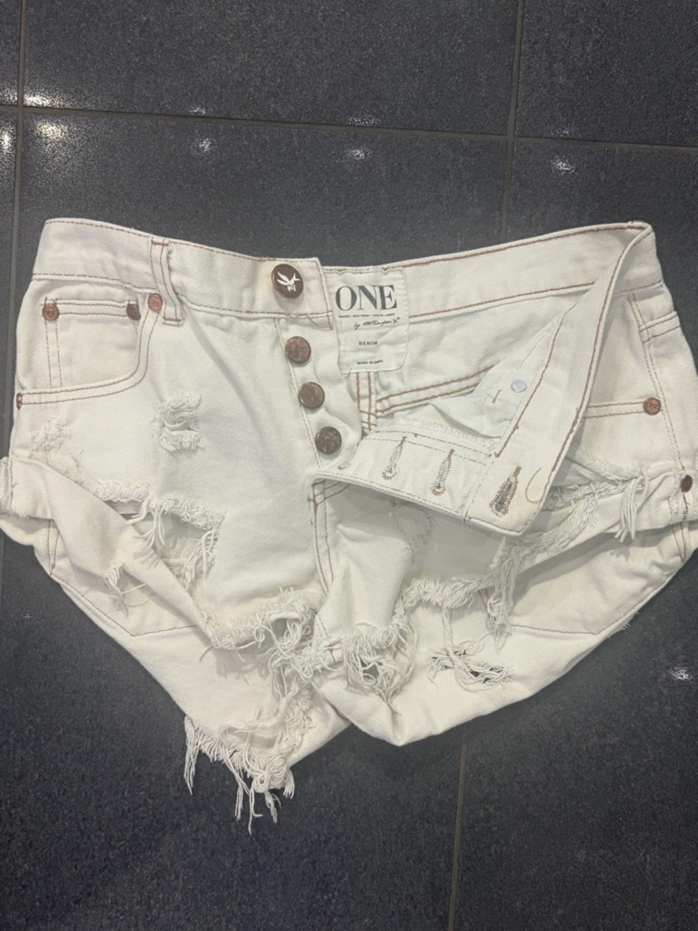 One Teaspoon White Distressed High-Rise Denim Shorts